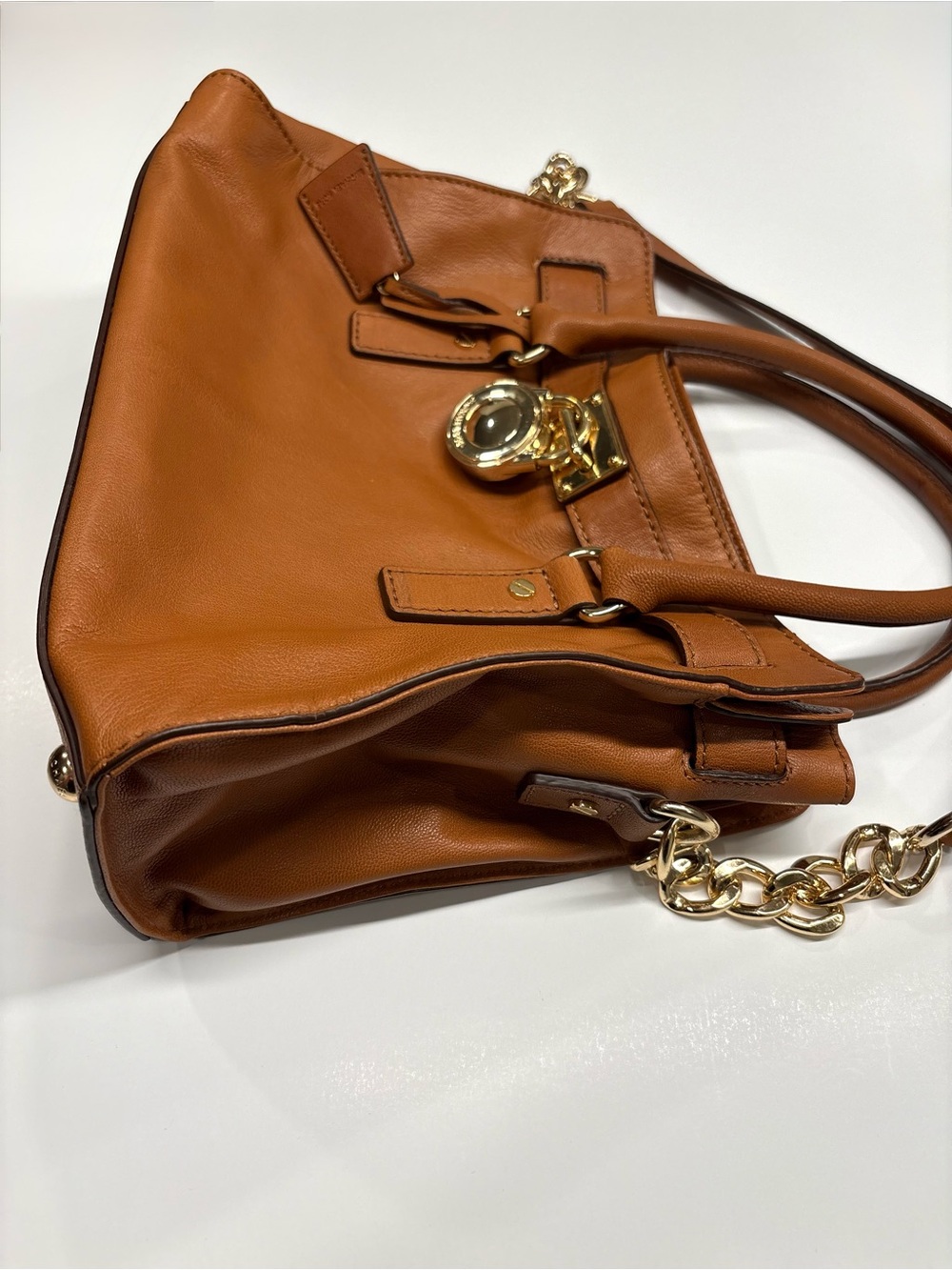 Michael Kors Hamilton Brown Leather Satchel Handbag with Gold Hardware - Picture 7 of 11